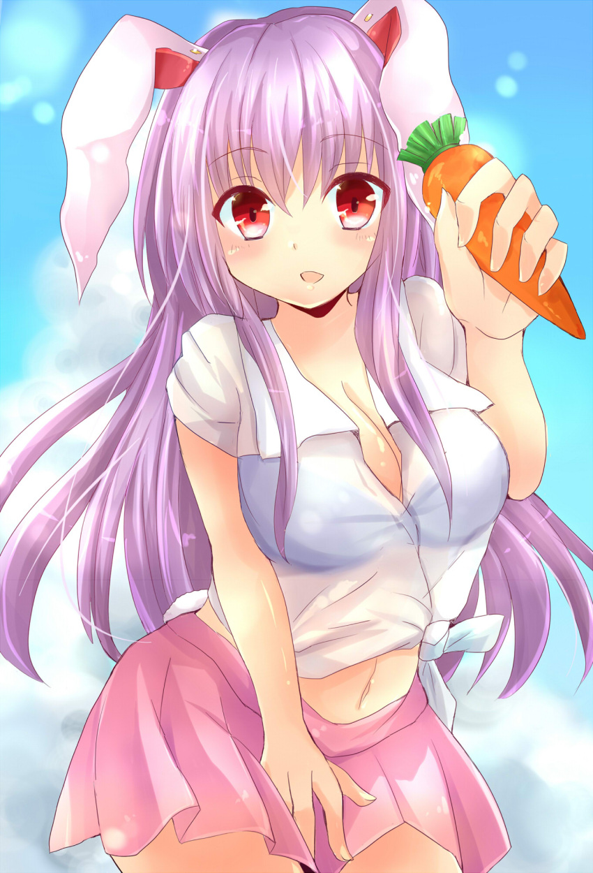 1girl animal_ears blouse blue_bra blush bra breasts carrot cleavage commentary commentary_request day highres large_breasts lavender_hair long_hair looking_at_viewer midriff navel ncatabc open_mouth outdoors pleated_skirt rabbit_ears red_eyes reisen_udongein_inaba see-through shirt short_sleeves skirt solo touhou underwear very_long_hair white_blouse