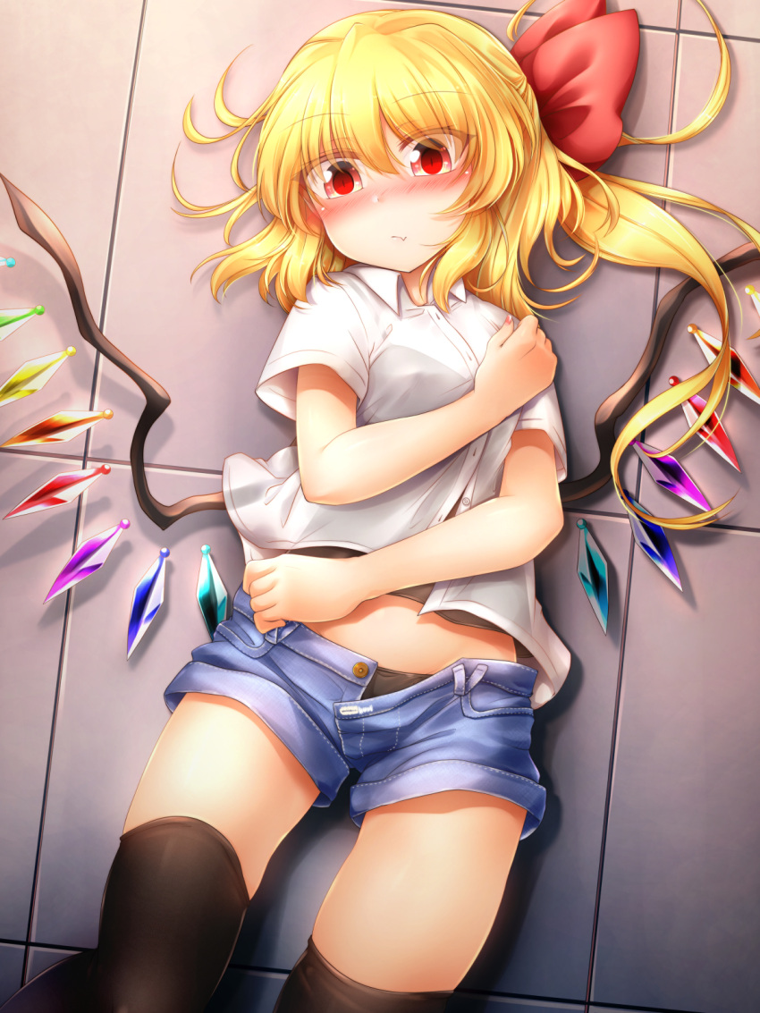 1girl alternate_costume bangs black_legwear black_panties blonde_hair blush camisole commentary_request contemporary cowboy_shot crystal denim denim_shorts eyebrows_visible_through_hair eyes_visible_through_hair fang_out flandre_scarlet floor from_above hair_between_eyes hair_ribbon hand_up head_tilt highres long_hair looking_at_viewer lying m9kndi midriff nail_polish no_hat no_headwear nose_blush on_back one_side_up open_fly panties pink_nails red_eyes red_ribbon ribbon school_uniform see-through shadow shirt short_shorts short_sleeves shorts solo thigh-highs thighs touhou unbuttoned underwear white_shirt wing_collar wings