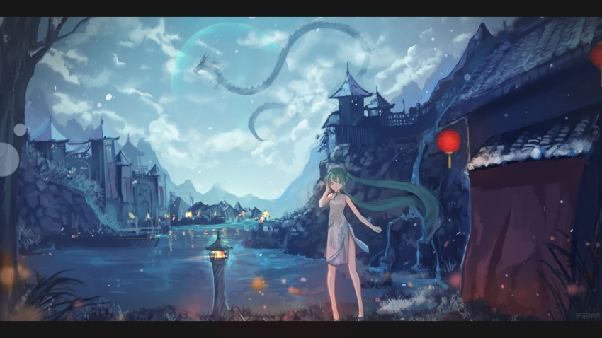 1girl china_dress chinese_clothes day dragon dress eastern_dragon floating_hair full_body green_eyes green_hair grey_dress hand_in_hair hatsune_miku highres lens_flare long_hair looking_at_viewer memekun moon outdoors print_dress pumps scenery short_dress side_slit sleeveless sleeveless_dress snowing solo standing twintails very_long_hair vocaloid