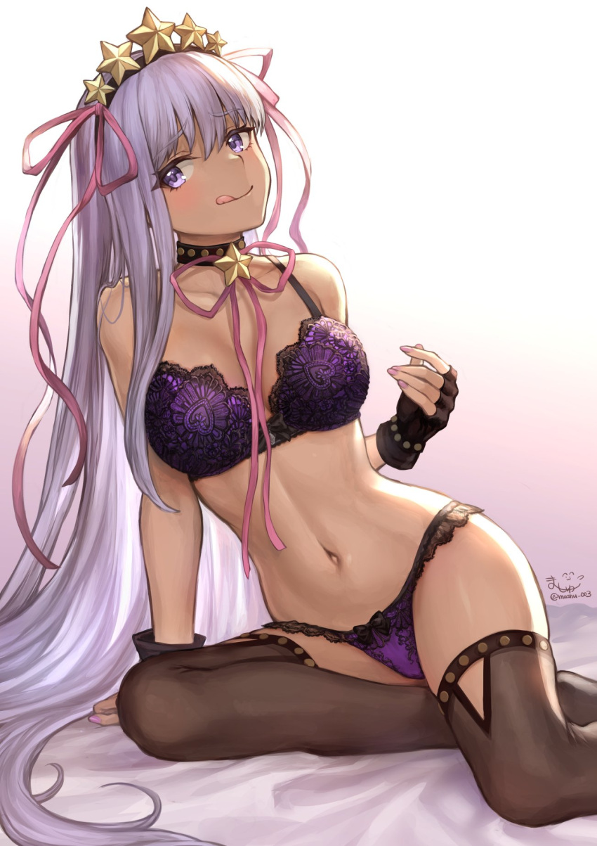 1girl alternate_costume arm_support bb_(fate)_(all) bb_(swimsuit_mooncancer)_(fate) bed bed_sheet black_gloves black_legwear bra breasts commentary_request dated earrings eyebrows_visible_through_hair fate/grand_order fate_(series) fingerless_gloves floral_print gloves gold_trim gradient gradient_background hair_ornament hairband head_tilt highleg highleg_panties highres jewelry large_breasts licking_lips long_hair looking_at_viewer mashu_003 navel on_bed panties purple_bra purple_hair purple_panties purple_ribbon ribbon rose_print signature sitting solo star star_earrings star_hair_ornament tan thigh-highs tongue tongue_out twitter_username underwear underwear_only very_long_hair violet_eyes