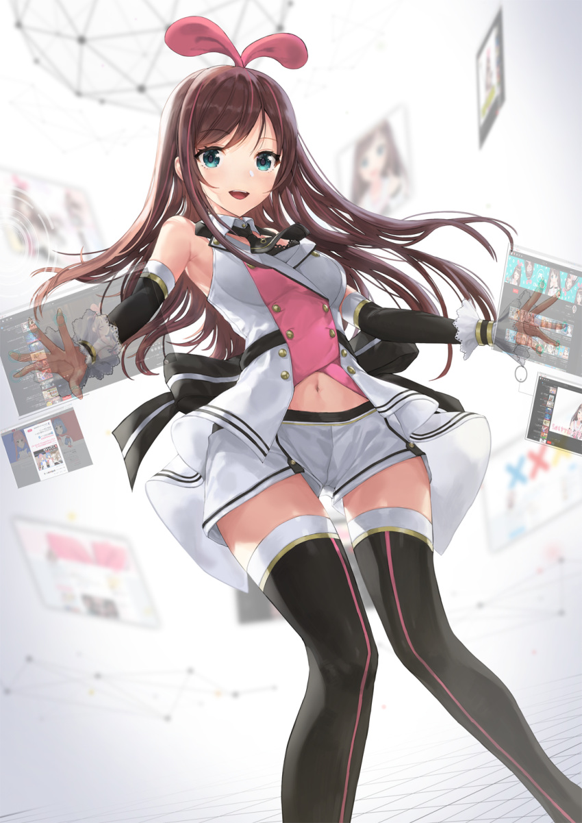 1girl :d a.i._channel bangosu bangs black_legwear black_neckwear blonde_hair blue_eyes blurry breasts brown_hair detached_collar detached_sleeves double-breasted eyebrows_visible_through_hair feet_out_of_frame hairband highres jacket kizuna_ai long_hair looking_at_viewer medium_breasts multicolored_hair navel open_mouth pink_hair screen shorts smile solo standing streaked_hair thigh-highs upper_teeth virtual_youtuber white_shorts wing_collar youtube