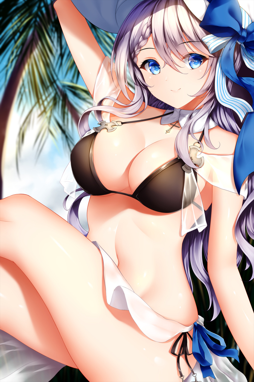 1girl alternate_costume arm_support arm_up armpits azur_lane bangs bare_shoulders bikini black_bikini blue_bow blue_eyes blue_ribbon blue_sky blurry blurry_background blush bow braid breasts cleavage closed_mouth clouds collarbone commentary cross curvy day detached_collar eyebrows_visible_through_hair eyes_visible_through_hair french_braid hair_bow hair_ribbon hand_on_headwear hat head_tilt highres jewelry large_breasts lavender_hair legs_crossed long_hair looking_at_viewer navel necklace outdoors palm_tree ribbon sarong see-through shiny shiny_skin side-tie_bikini sidelocks sitting skindentation sky smile solo stomach striped striped_ribbon sun_hat swimsuit thighs tree very_long_hair vestal_(azur_lane) wavy_hair white_hat white_sarong wsman