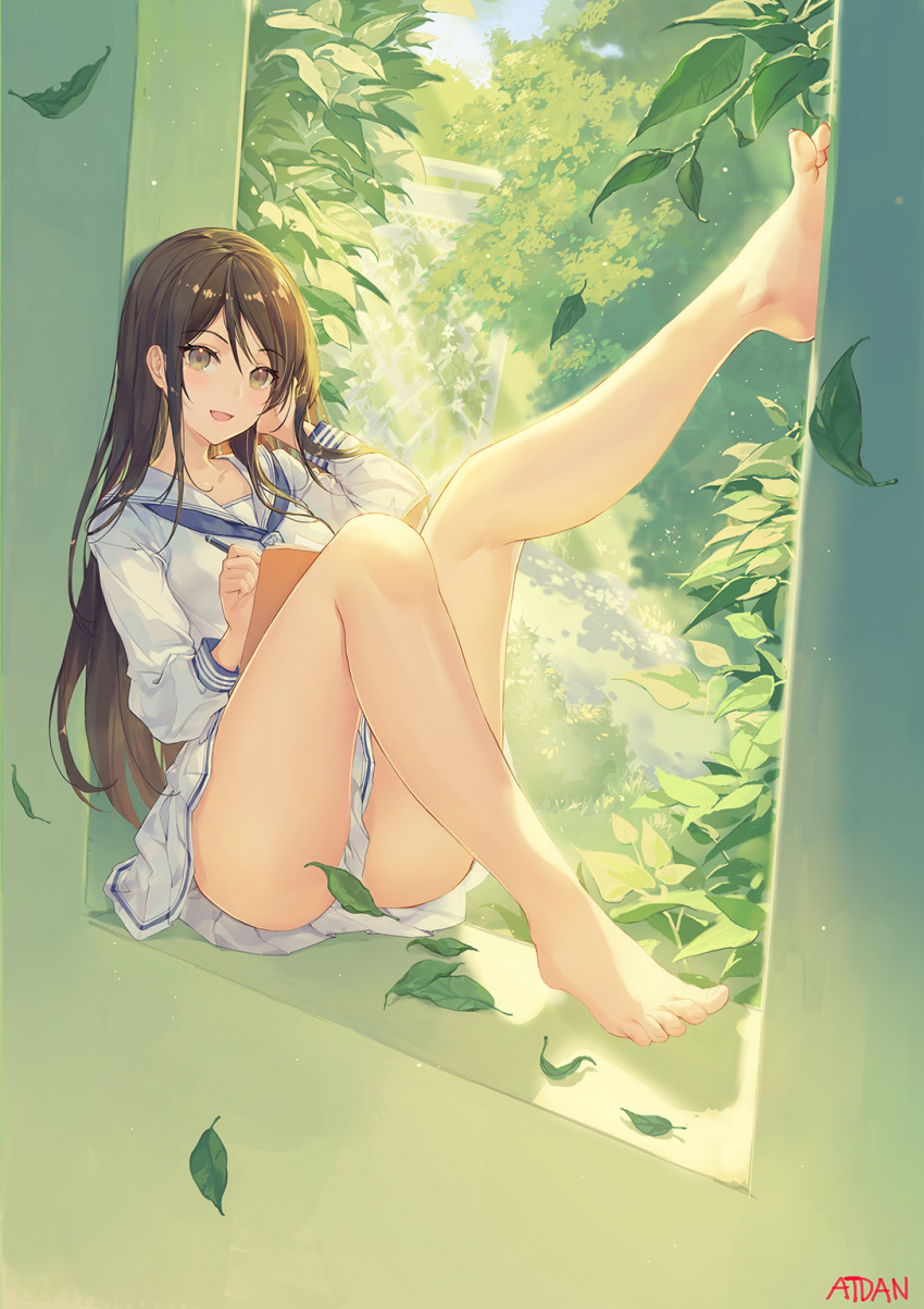 1girl :d artist_name atdan bangs barefoot blush book breasts brown_hair commentary english english_commentary eyebrows_visible_through_hair full_body hair_between_eyes hand_on_own_face highres leaf leg_up long_hair looking_at_viewer medium_breasts open_book open_mouth original pen plant pleated_skirt school_uniform shirt signature sitting skirt smile solo white_shirt yellow_eyes