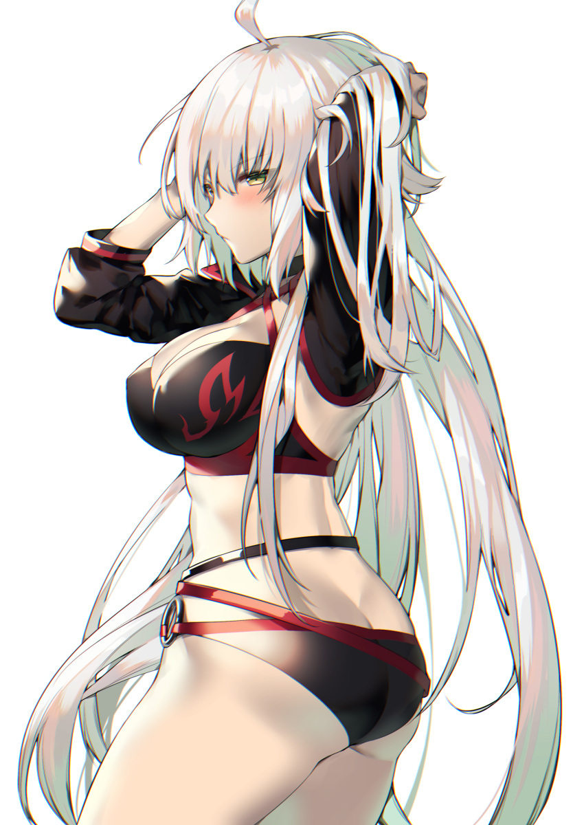 1girl adjusting_hair ahoge arms_up ass bikini black_bikini black_choker black_jacket blush breasts choker cleavage closed_mouth cropped_jacket eyebrows_visible_through_hair fate/grand_order fate_(series) from_side hair_between_eyes highres itohana jacket jeanne_d'arc_(alter_swimsuit_berserker) jeanne_d'arc_(fate)_(all) large_breasts long_hair o-ring o-ring_bikini o-ring_bottom o-ring_top pale_skin sideboob standing swimsuit very_long_hair waist white_hair yellow_eyes