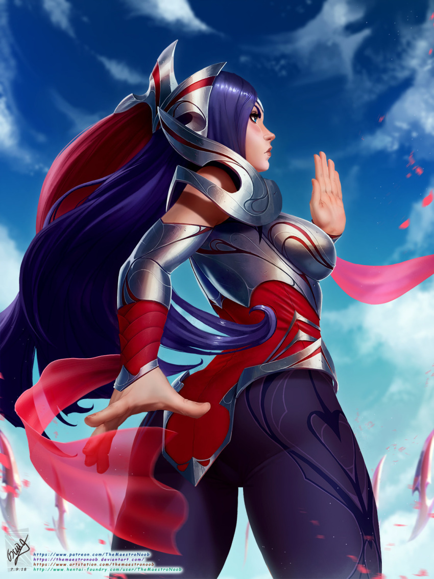 1girl armor ass blue_eyes blue_sky blush bodysuit breasts closed_mouth clouds commentary english_commentary from_behind from_below georgy_stacker hair_ornament hands highres irelia large_breasts league_of_legends long_hair multicolored_hair purple_bodysuit purple_hair sky solo