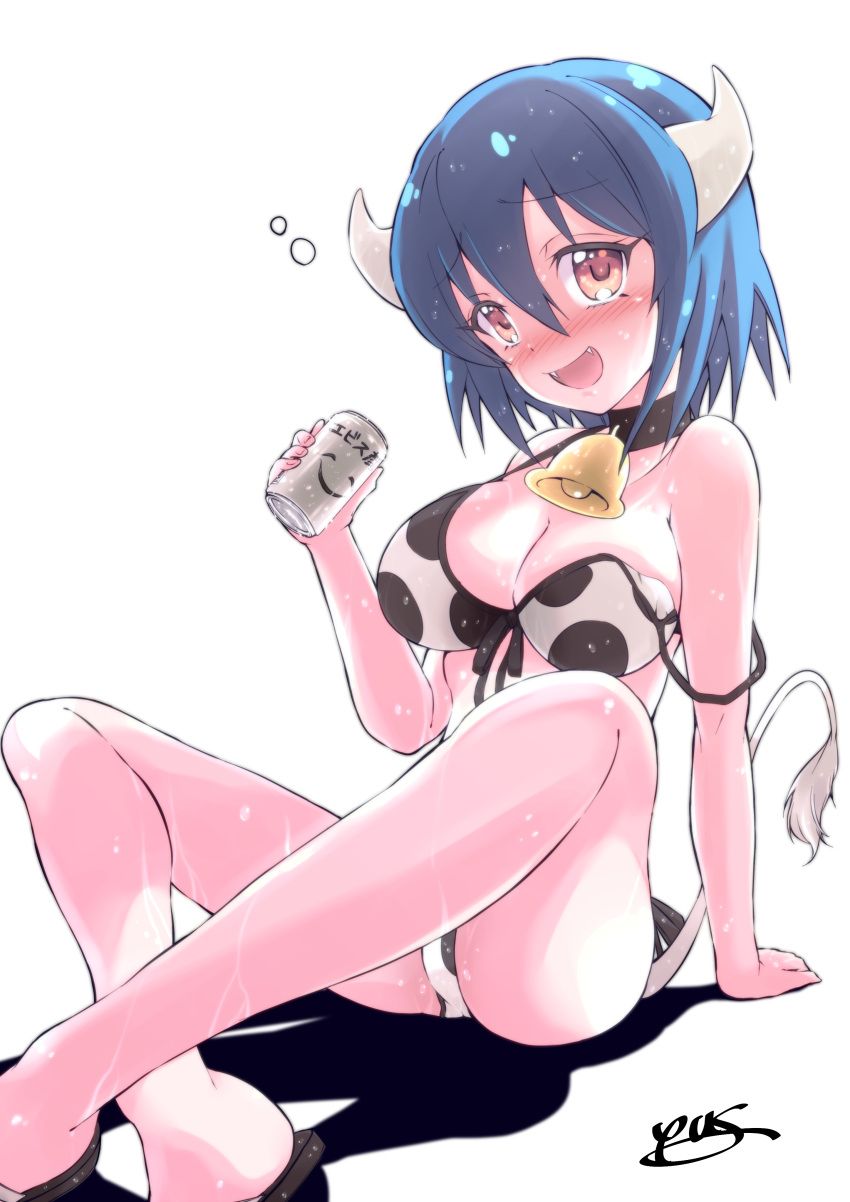 absurdres animal_print beer_can bell blue_hair blush breasts can cow_bell cow_horns cow_print drunk eyebrows_visible_through_hair fangs hair_between_eyes highres horns jashin-chan_dropkick large_breasts looking_at_viewer minos_(jashin-chan_dropkick) off_shoulder red_eyes smile solo swimsuit white_background yyuki317