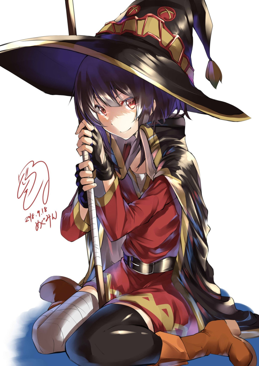 1girl bandage bandaged_leg bandages belt black_belt black_gloves black_hair brown_footwear cape dorashieru dress fingerless_gloves gloves hair_between_eyes hat highres holding holding_staff kono_subarashii_sekai_ni_shukufuku_wo! megumin mismatched_legwear red_dress red_eyes short_hair_with_long_locks single_thighhigh sitting smile staff thigh-highs wariza witch_hat