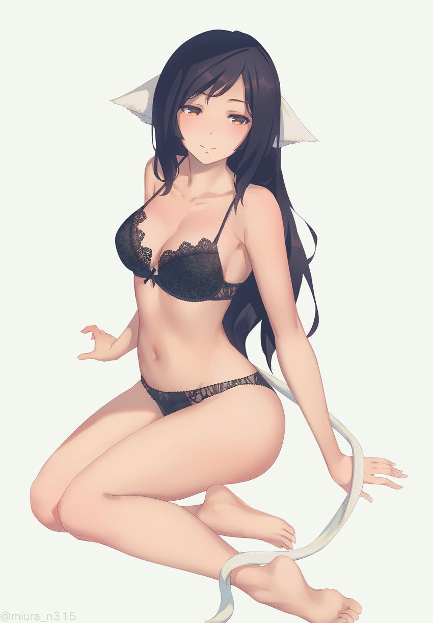 1girl animal_ears bangs barefoot black_bow black_bra black_hair black_panties blush bow bow_bra bow_panties bra breasts brown_eyes closed_mouth collarbone eyebrows_visible_through_hair full_body highres kuon_(utawareru_mono) lace lace-trimmed_bra lace-trimmed_panties lingerie long_hair medium_breasts miura-n315 navel panties simple_background sitting smile solo swept_bangs tail underwear underwear_only utawareru_mono utawareru_mono:_itsuwari_no_kamen very_long_hair