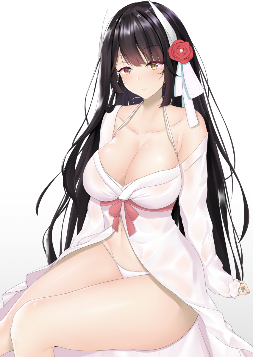 1girl alternate_costume arm_support azur_lane bangs bare_shoulders barefoot black_hair blunt_bangs blush breasts cleavage closed_mouth collarbone detached_sleeves eyebrows_visible_through_hair flower groin hair_flower hair_ornament halterneck hiei_(azur_lane) highres holding holding_hair horns knee_up large_breasts ljpwow long_hair long_sleeves looking_at_viewer off_shoulder panties petals red_ribbon rei_no_himo ribbon sitting sleepwear smile solo thighs underwear yellow_eyes