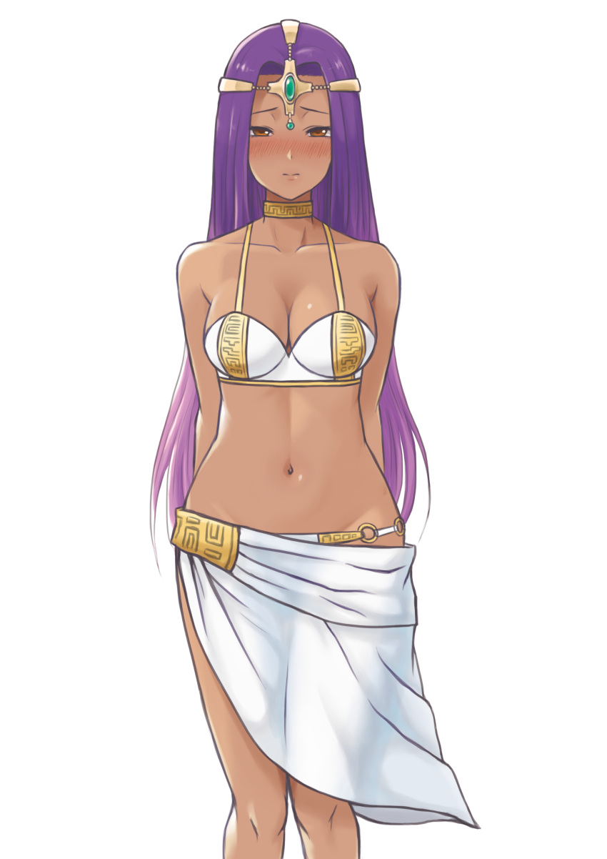 1girl absurdres arms_behind_back bikini blush breasts brown_eyes cleavage collarbone commentary_request dark_skin dragon_quest dragon_quest_iv headgear highres long_hair looking_at_viewer medium_breasts midriff minea miru_(wvjc7832) navel purple_hair sarong solo swimsuit very_long_hair white_background white_bikini white_sarong