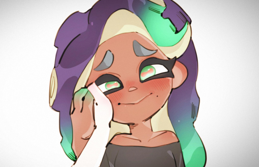 1girl aqua_eyes aqua_hair aqua_skin bare_shoulders blush closed_mouth collarbone furrowed_eyebrows gradient gradient_background hand_on_another's_cheek hand_on_another's_face highres horizontal_pupils iida_(splatoon) long_hair looking_at_viewer mole mole_under_mouth multicolored multicolored_hair multicolored_skin nimae04 nintendo nose_blush octarian off_shoulder pink_pupils purple_hair smile splatoon splatoon_2 tentacle_hair two-tone_hair upper_body