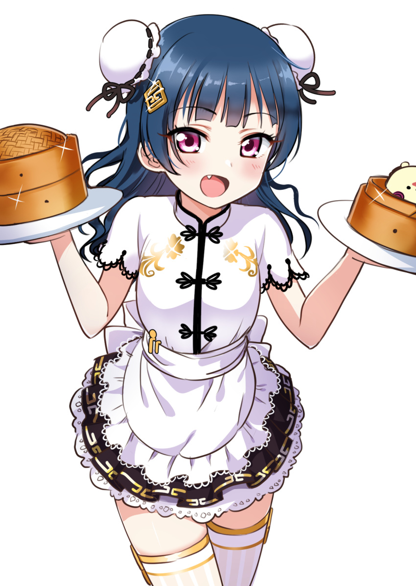 1girl :d apron bangs blush bun_cover chinese_clothes cowboy_shot deadnooodles eyebrows_visible_through_hair fang food_request hair_ornament highres holding holding_plate long_hair looking_at_viewer love_live! love_live!_sunshine!! maid open_mouth plate shirt short_sleeves simple_background skirt smile solo sparkle thigh-highs tsushima_yoshiko violet_eyes waist_apron white_apron white_background white_legwear