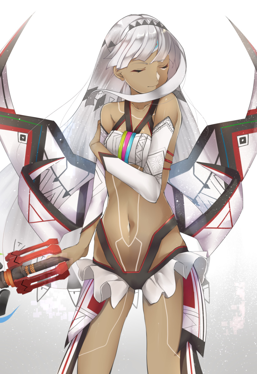 1girl altera_(fate) ashino bare_hips bare_shoulders breasts choker closed_eyes closed_mouth collarbone commentary_request dark_skin detached_sleeves fate/grand_order fate_(series) feet_out_of_frame full_body_tattoo headdress highres holding holding_weapon jewelry midriff navel photon_ray revealing_clothes short_hair showgirl_skirt simple_background skirt small_breasts solo stomach_tattoo sword tan tattoo thighs veil weapon white_background