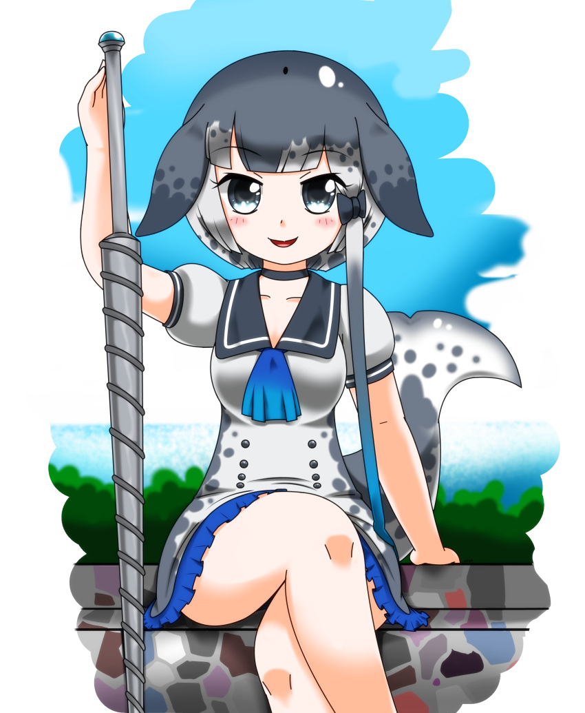 absurdres fish_tail highres hoyeechun kemono_friends legs_crossed narwhal_(kemono_friends) open_mouth sitting sitting_on_wall tail weapon