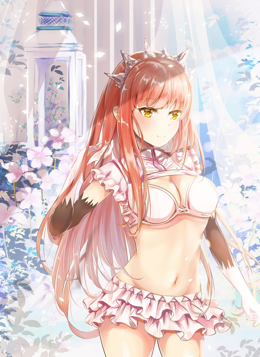 1girl bangs bikini bikini_skirt blush breasts brown_hair cleavage closed_mouth commentary_request cowboy_shot detached_sleeves elbow_gloves eyebrows_visible_through_hair fate/grand_order fate_(series) flower gloves highres long_hair long_sleeves medb_(fate)_(all) medb_(fate/grand_order) medium_breasts mutang navel pink_flower short_sleeves solo standing swimsuit tiara very_long_hair white_bikini white_gloves yellow_eyes