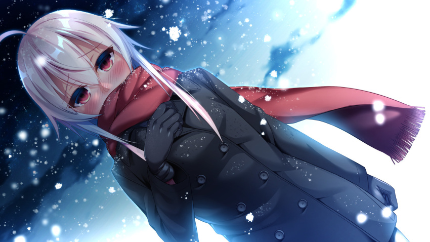 1girl ahoge albino arm_at_side bangs black_coat black_gloves blush buttons commentary_request cowboy_shot dosu_(doseven) double-breasted dutch_angle eyebrows_visible_through_hair fringe gloves grey_hair hair_between_eyes hand_up long_hair long_sleeves nose_blush original outdoors red_eyes red_scarf scarf scarf_over_mouth shiny shiny_hair sidelocks snow snowing solo winter