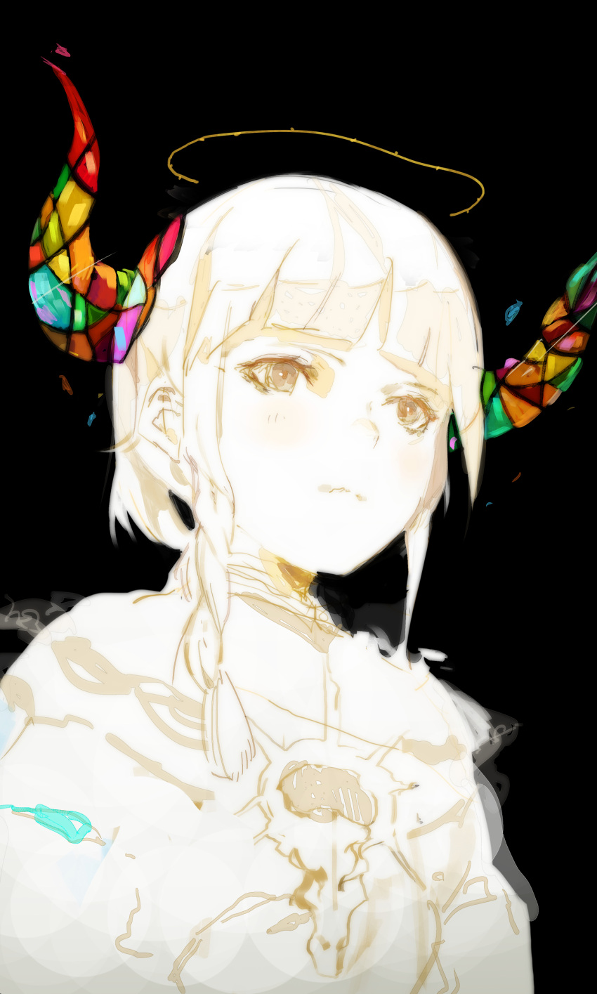 1girl absurdres bangs black_background blunt_bangs braid closed_mouth commentary halo highres hiranko horns mosaic_art original short_hair simple_background solo stained_glass upper_body white_hair