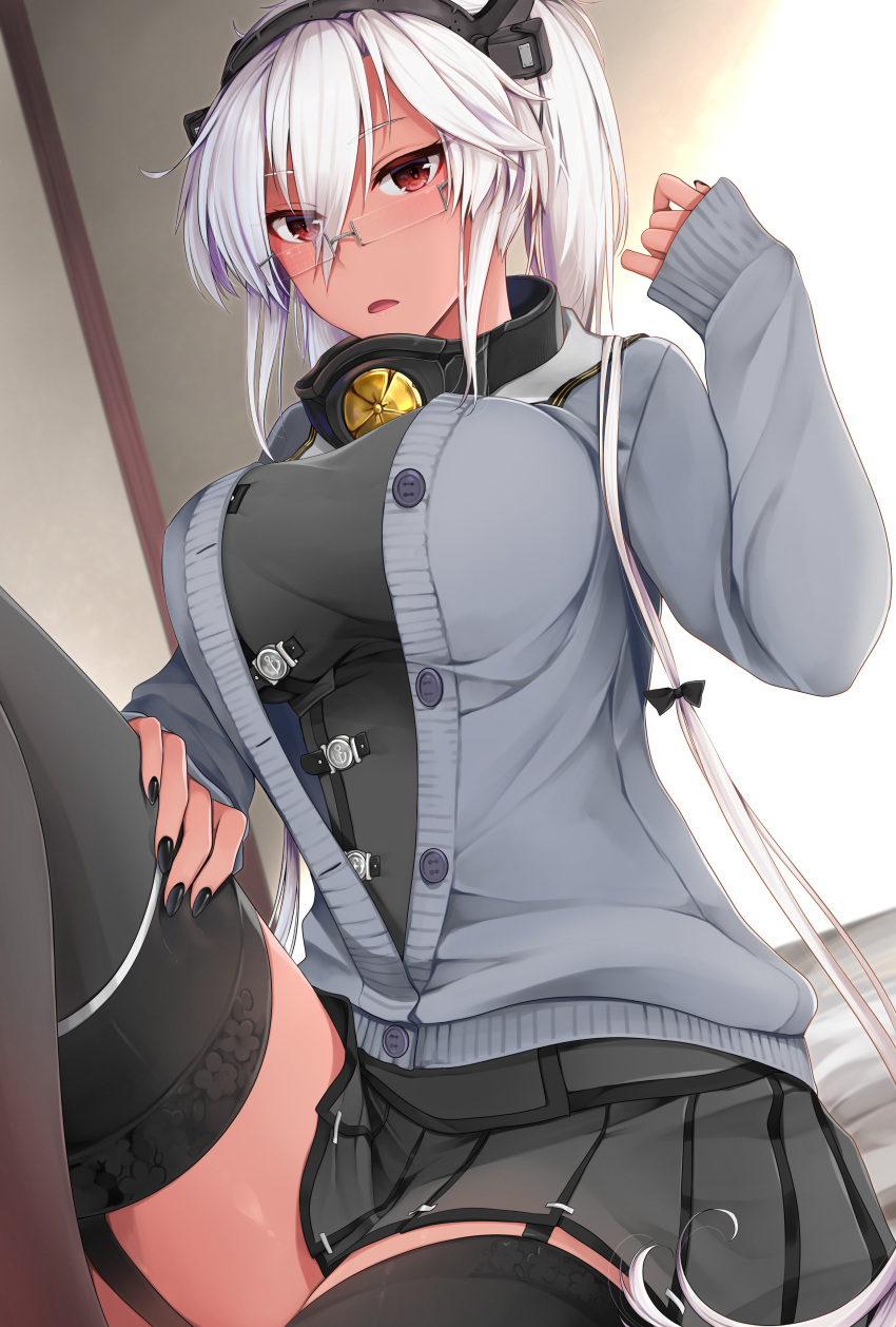 1girl absurdres black_bow black_legwear black_nails blush bow breasts buttons cardigan collar dark_skin day eyebrows_visible_through_hair garter_straps glasses grey_jacket grey_skirt hair_between_eyes hair_bow hand_on_own_thigh hand_up headgear highres indoors jacket kantai_collection kikumon knee_up large_breasts long_hair multiple_girls musashi_(kantai_collection) nail_polish open_mouth partially_unbuttoned pleated_skirt pointy_hair red_eyes remodel_(kantai_collection) semi-rimless_eyewear silver-framed_eyewear silver_hair skirt sleeves_past_wrists smile solo thigh-highs thighs twintails two_side_up yunamaro