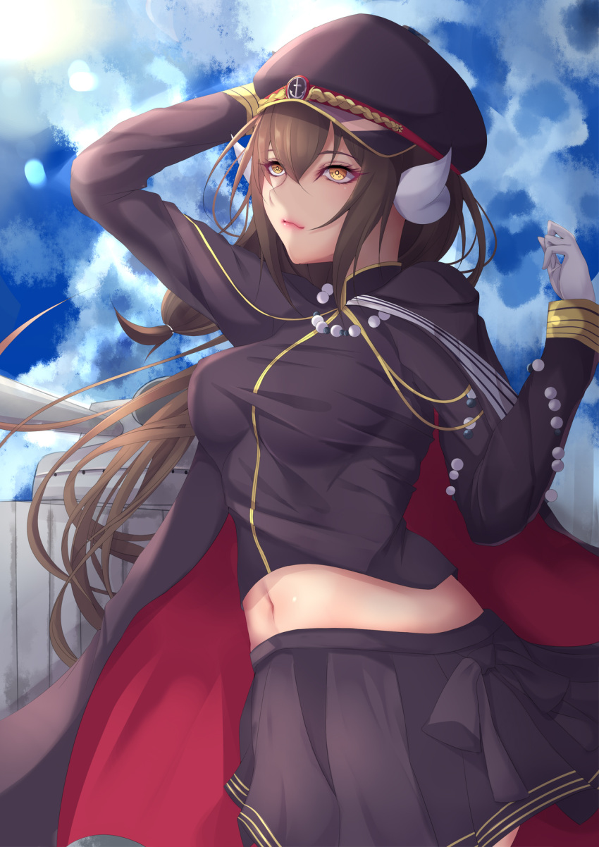 1girl alternate_costume azur_lane bangs blue_sky breasts brown_hair brown_shirt brown_skirt cannon cape closed_mouth clouds day gloves hair_between_eyes hand_on_headwear hat highres horns long_hair long_sleeves looking_afar machinery medium_breasts midriff mikasa_(azur_lane) navel outdoors pink_lips rigging school_uniform shiro_usagi shirt skirt sky solo stomach sunlight turret uniform white_gloves