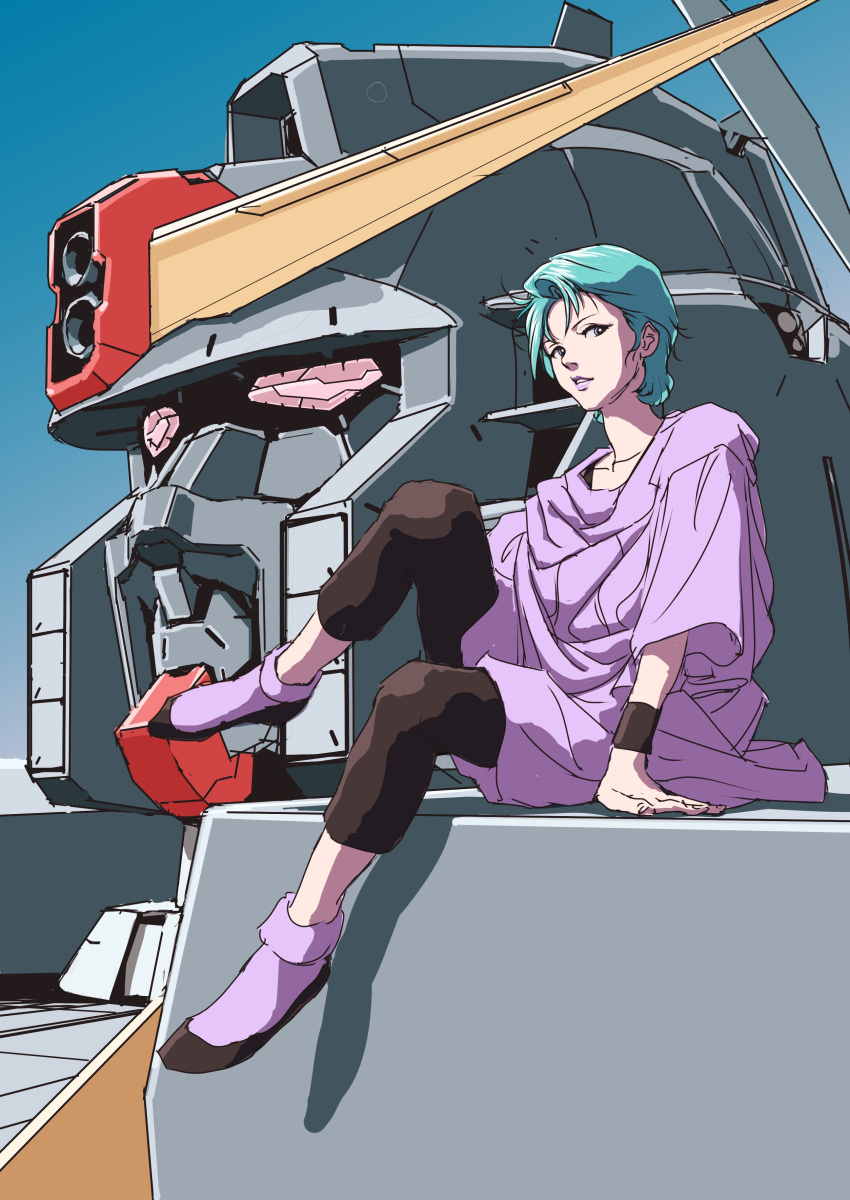 1girl absurdres four_murasame green_eyes green_hair gundam highres looking_at_viewer mecha psyco_gundam sitting solo teikoku_jokyoku zeta_gundam