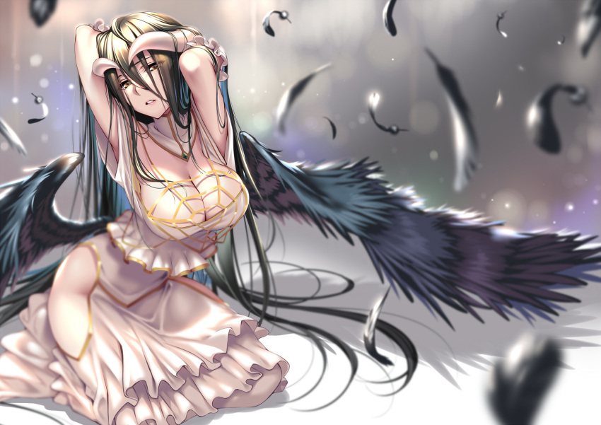 1girl albedo armpits arms_behind_head arms_up bangs bare_shoulders black_hair black_wings blush breasts cleavage collarbone demon_girl demon_horns detached_collar dress feathered_wings feathers hair_between_eyes highres hip_vent hips horns kneeling large_breasts long_hair looking_at_viewer overlord_(maruyama) piromizu solo very_long_hair white_dress wings