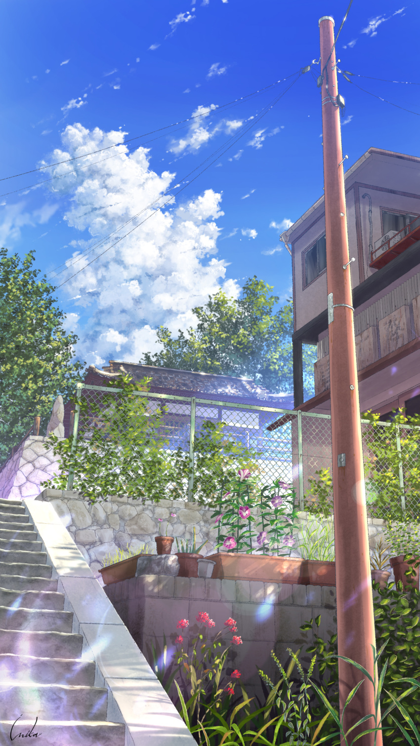 absurdres artist_name chain-link_fence clouds day fence highres inika no_humans original outdoors plant potted_plant scenery signature sky stairs telephone_pole tree