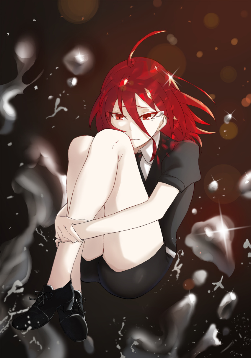 1other ahoge androgynous colored_eyelashes crying crying_with_eyes_open crystal_hair full_body gem_uniform_(houseki_no_kuni) hair_between_eyes highres houseki_no_kuni knees_up leg_hug long_bangs mercury red_eyes redhead sad shinsha_(houseki_no_kuni) short_hair solo sparkle tears