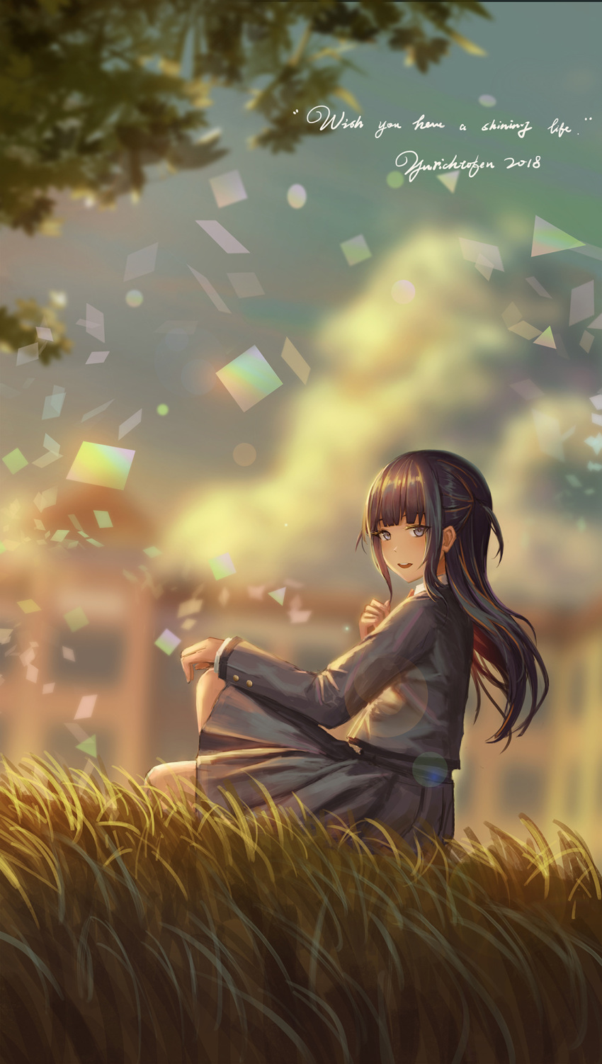 1girl :d artist_name bangs black_hair black_jacket black_skirt blunt_bangs blurry blurry_background commentary_request day english from_side grass hand_on_own_chest highres jacket knee_up lens_flare long_hair long_sleeves looking_at_viewer looking_to_the_side medium_skirt multicolored_hair on_grass one_side_up open_mouth outdoors partial_commentary redhead round_teeth school_uniform shoujo_kageki_revue_starlight sidelocks sitting skirt smile solo streaked_hair sunlight teeth tsuyuzaki_mahiru upper_teeth violet_eyes yurichtofen