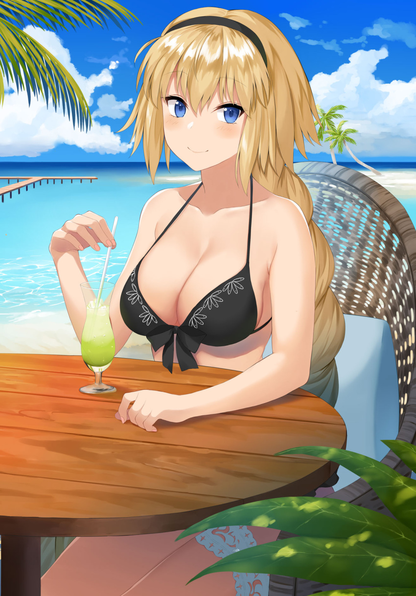 1girl asato_(fadeless) beach black_bikini_top black_bow black_hairband blonde_hair blue_eyes blue_sky blush bow braid breasts cleavage clouds collarbone day drinking_straw eyebrows_visible_through_hair fate/grand_order fate_(series) front-tie_bikini front-tie_top hair_between_eyes hairband highres holding jeanne_d'arc_(fate)_(all) jeanne_d'arc_(swimsuit_archer) large_breasts long_hair looking_at_viewer medium_breasts outdoors palm_tree sideboob single_braid sitting sky smile solo thigh_strap tree very_long_hair