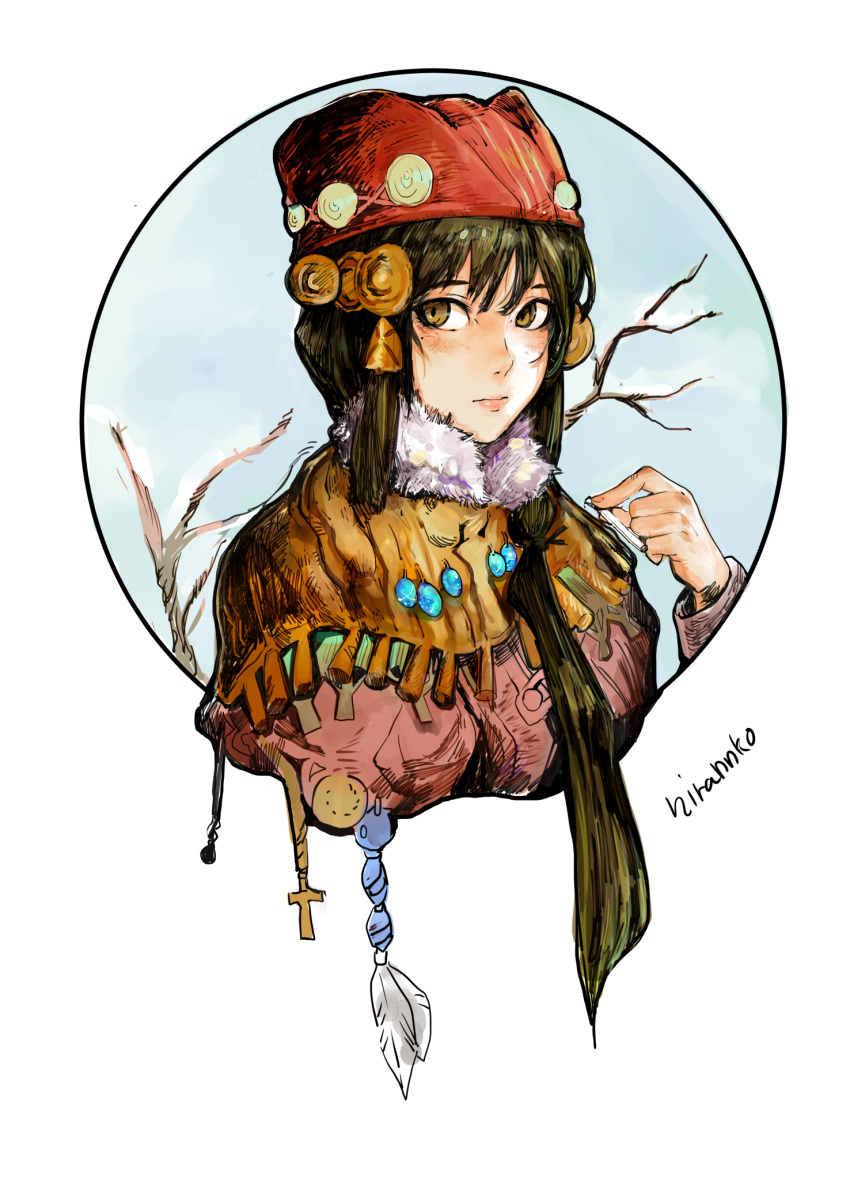 1girl bangs black_hair blue_background brown_eyes capelet closed_mouth commentary_request cross fur_trim hair_ornament hand_up highres hiranko holding long_hair long_sleeves looking_at_viewer original signature solo traditional_clothes