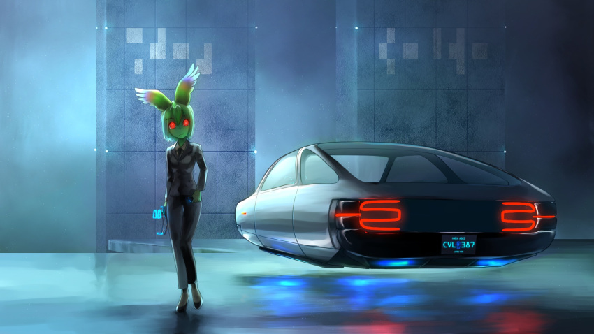 1girl animal_ears black_suit car cerval commentary_request expressionless eyebrows_visible_through_hair flying_car green_hair green_skin ground_vehicle hair_between_eyes highres kemono_friends looking_at_viewer motor_vehicle red_eyes science_fiction short_hair solo welt_(kinsei_koutenkyoku)