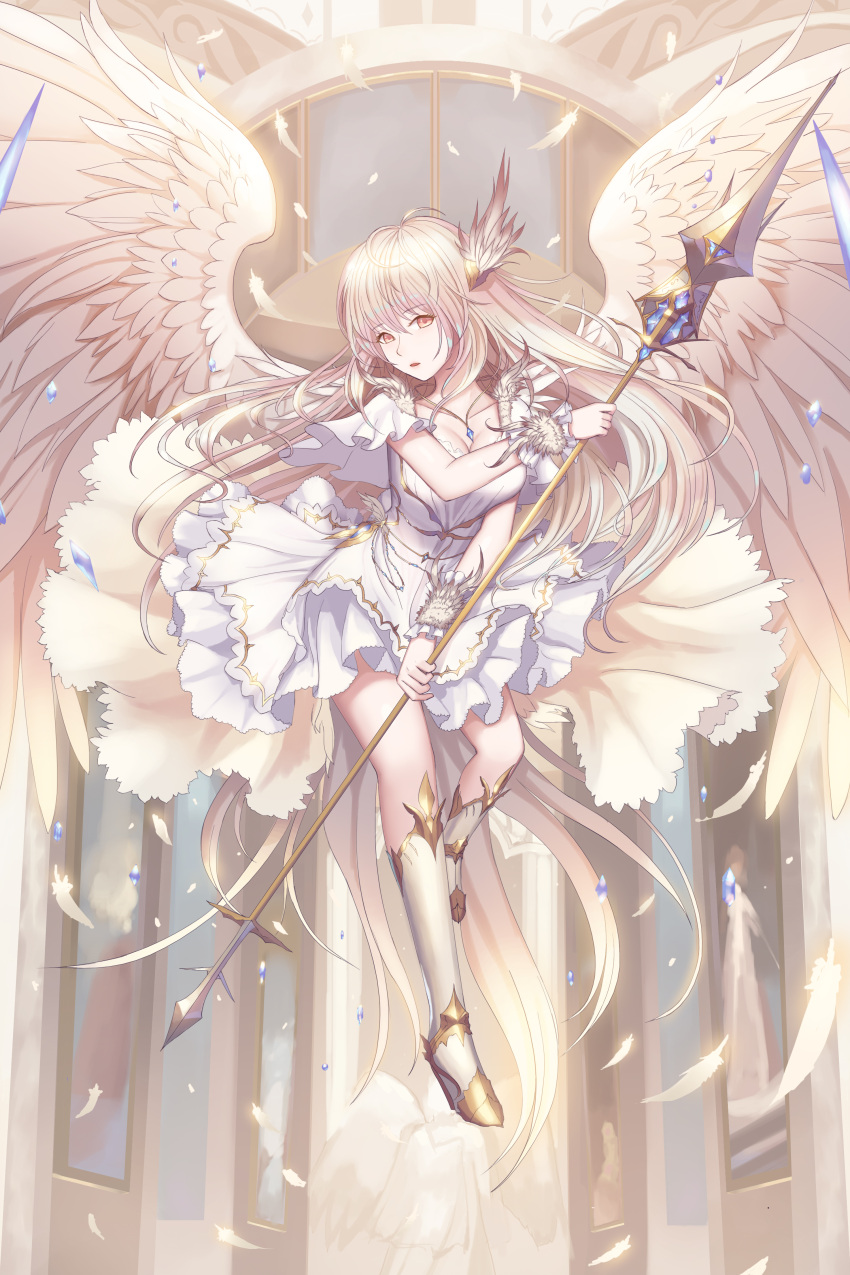 1girl absurdres angel angel_wings breasts cleavage dress full_body highres jewelry long_hair looking_at_viewer necklace original pink_eyes pink_hair polearm rinmmo spear weapon white_dress white_feathers white_legwear wings
