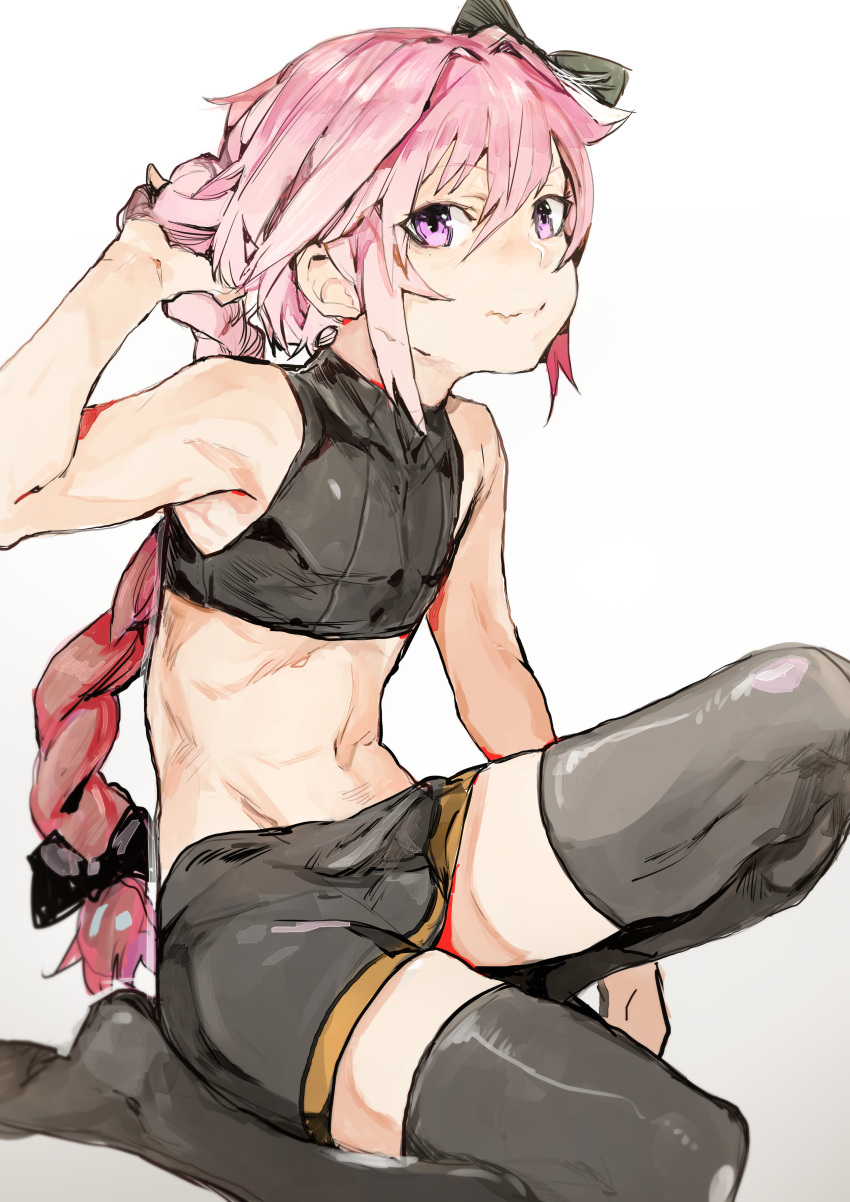 1boy absurdres androgynous astolfo_(fate) bangs bare_arms bare_shoulders black_legwear black_ribbon black_shirt black_shorts braid bulge closed_mouth commentary crop_top cropped_shirt eyebrows_visible_through_hair fate/apocrypha fate_(series) hair_ribbon highres hiranko long_hair looking_at_viewer male_focus midriff navel otoko_no_ko pink_eyes pink_hair ribbon shirt shorts simple_background solo thigh-highs tress_ribbon very_long_hair white_background