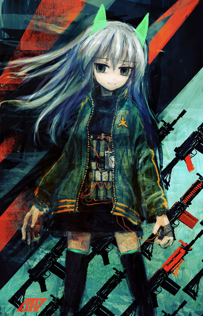 1girl animal_ears arms_at_sides assault_rifle bomb cat_ears commentary eyebrows_visible_through_hair floating_hair green_eyes green_jacket gun highres jacket lm7_(op-center) looking_at_viewer original rifle silver_hair sketch smile thigh-highs time_bomb weapon