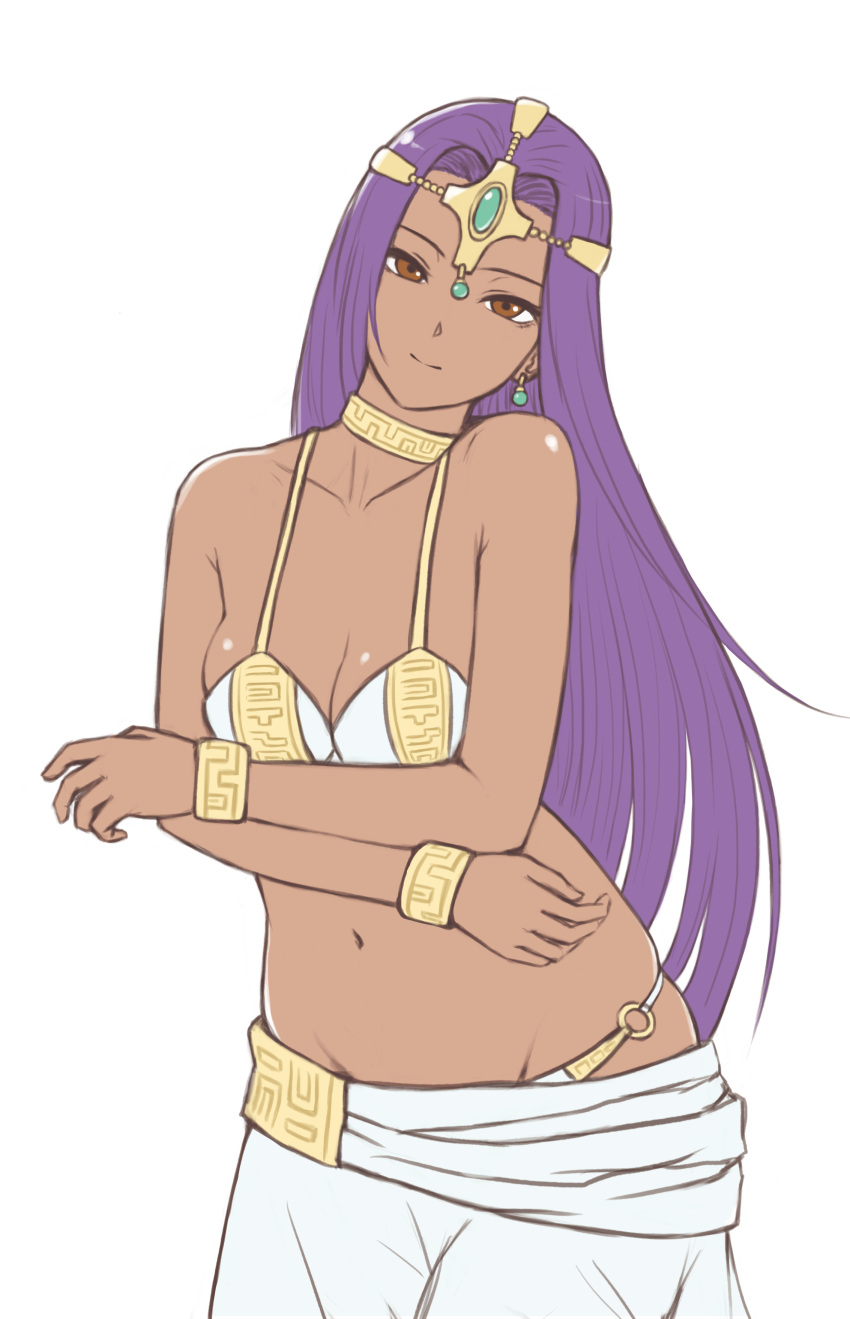 1girl absurdres bikini breasts brown_eyes cleavage collarbone commentary_request cowboy_shot dark_skin dragon_quest dragon_quest_iv earrings headgear highres jewelry light_smile long_hair looking_at_viewer medium_breasts midriff minea miru_(wvjc7832) navel purple_hair sarong solo swimsuit very_long_hair white_background white_bikini white_sarong