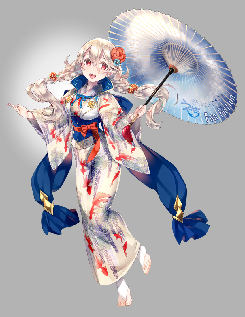 1girl alternate_costume animal_print braid commentary_request female_my_unit_(fire_emblem_if) fire_emblem fire_emblem_heroes fire_emblem_if fish_print flower full_body gold_trim goldfish_print grey_background hair_flower hair_ornament highres holding holding_umbrella japanese_clothes kimono long_hair my_unit_(fire_emblem_if) negiwo nintendo obi open_mouth oriental_umbrella pointy_ears red_eyes red_flower sash simple_background solo standing standing_on_one_leg twin_braids twitter_username umbrella white_hair wide_sleeves yukata