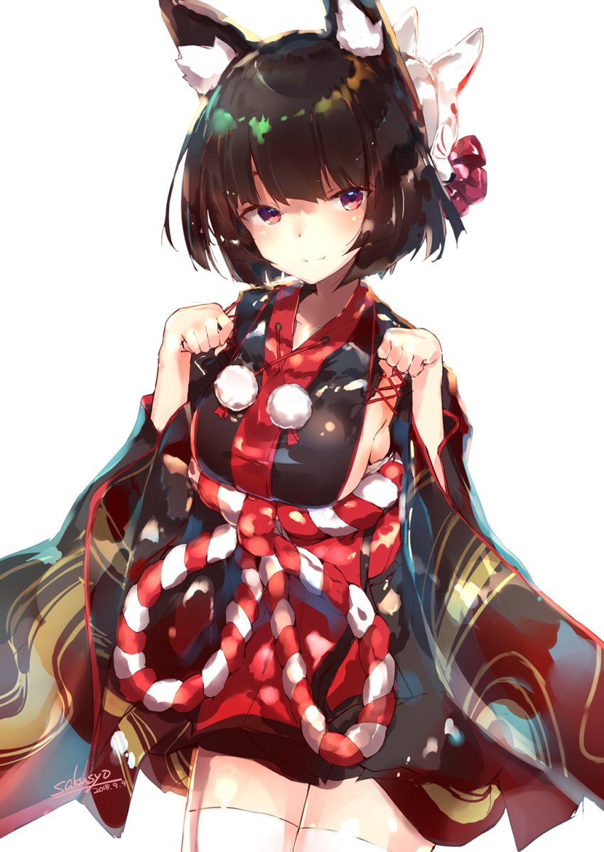1girl animal_ear_fluff animal_ears azur_lane bangs black_kimono blush breasts brown_hair cat_ears closed_mouth commentary_request cowboy_shot dated eyebrows_visible_through_hair fang fang_out fox_mask hands_up head_tilt highres japanese_clothes kimono large_breasts long_sleeves looking_at_viewer mask mask_on_head paw_pose pom_pom_(clothes) red_eyes sakusyo short_hair short_kimono signature simple_background smile solo thigh-highs white_background white_legwear wide_sleeves yamashiro_(azur_lane)