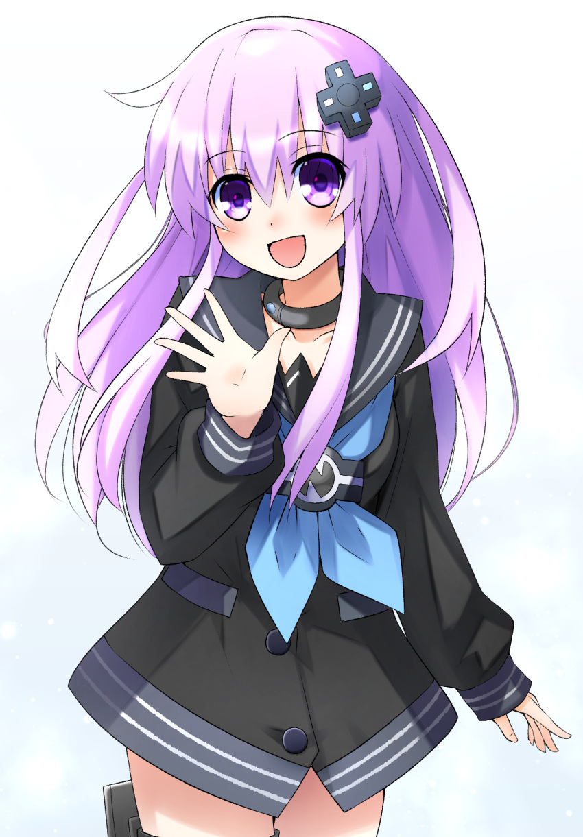 1girl :d alternate_costume black_clothes black_sailor_collar choujigen_game_neptune collar commentary d-pad d-pad_hair_ornament doria_(5073726) eyebrows_visible_through_hair hair_between_eyes hair_ornament highres looking_at_viewer nepgear neptune_(series) open_hand open_mouth purple_hair sailor_collar simple_background smile solo violet_eyes