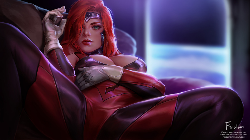 1girl alternate_costume bodysuit breasts cleavage cleavage_cutout firolian forehead_protector gloves gun_goddess_miss_fortune hair_over_one_eye highres large_breasts league_of_legends lips lipstick long_hair lying makeup on_back patreon_username red_bodysuit red_lipstick redhead sarah_fortune signature skin_tight solo spread_legs watermark web_address white_gloves