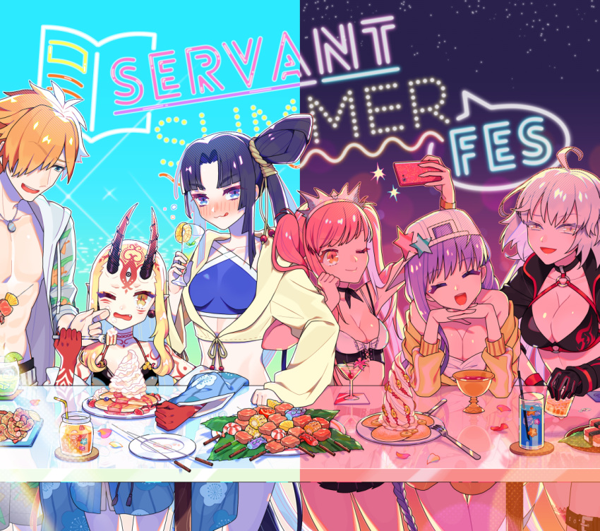 1boy 5girls alcohol backwards_hat bb_(fate)_(all) bb_(swimsuit_mooncancer)_(fate) black_hair blonde_hair cup day drinking_straw drunk fate/grand_order fate_(series) food ggk-kgr hat horns ibaraki_douji_(fate/grand_order) ibaraki_douji_(swimsuit_lancer)_(fate) japanese_clothes jeanne_d'arc_(alter_swimsuit_berserker) jeanne_d'arc_(fate)_(all) kimono meat medb_(fate)_(all) medb_(swimsuit_saber)_(fate) multiple_girls neon neon_lights night ocean oni oni_horns orange_hair pale_skin pancake phone pink_hair purple_hair robin_hood_(fate) self_shot shrimp sign sparkle star star_(sky) sushi swimsuit table ushiwakamaru_(fate/grand_order) ushiwakamaru_(swimsuit_assassin)_(fate) whipped_cream