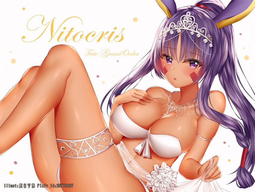 1girl :o absurdres animal_ears bare_arms bare_shoulders bikini blush breasts character_name cleavage collarbone commentary_request copyright_name dark_skin fate/grand_order fate_(series) flower hand_on_own_chest hand_up headpiece highres holding jackal_ears junpaku_karen large_breasts long_hair low-tied_long_hair nitocris_(fate/grand_order) nitocris_(swimsuit_assassin)_(fate) parted_lips pixiv_id purple_hair see-through solo swimsuit very_long_hair violet_eyes white_bikini white_flower