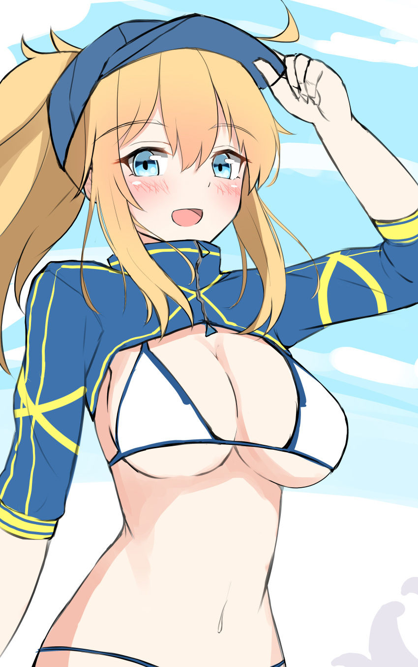 1girl :d absurdres adjusting_clothes adjusting_hat ahoge arm_up artoria_pendragon_(all) bangs baseball_cap bikini blonde_hair blue_eyes blue_hat blue_jacket blue_sky blush breasts cleavage cropped_jacket day eyebrows_visible_through_hair fate/grand_order fate_(series) hair_between_eyes hair_through_headwear hat highres jacket large_breasts long_hair looking_at_viewer moyoron mysterious_heroine_xx_(foreigner) navel open_mouth outdoors short_sleeves sidelocks sky smile solo swimsuit tentacle white_bikini