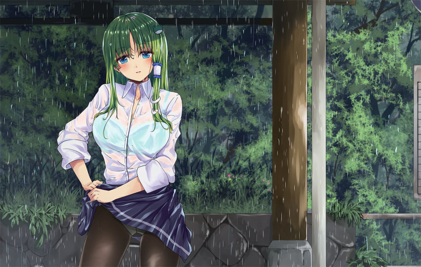 1girl alternate_costume alternate_outfit black_legwear black_skirt blue_eyes blush bra branches collar frills frog fule grass grasses green_hair hair_accessories hair_tube kochiya_sanae leaves long_sleeve open_mouth panties pantyhose pantyshot plants rain rocks rusted_iron school_outfit school_uniform see_through shed signpost skirt skirt_lift snake touhou trees water water_droplets wet