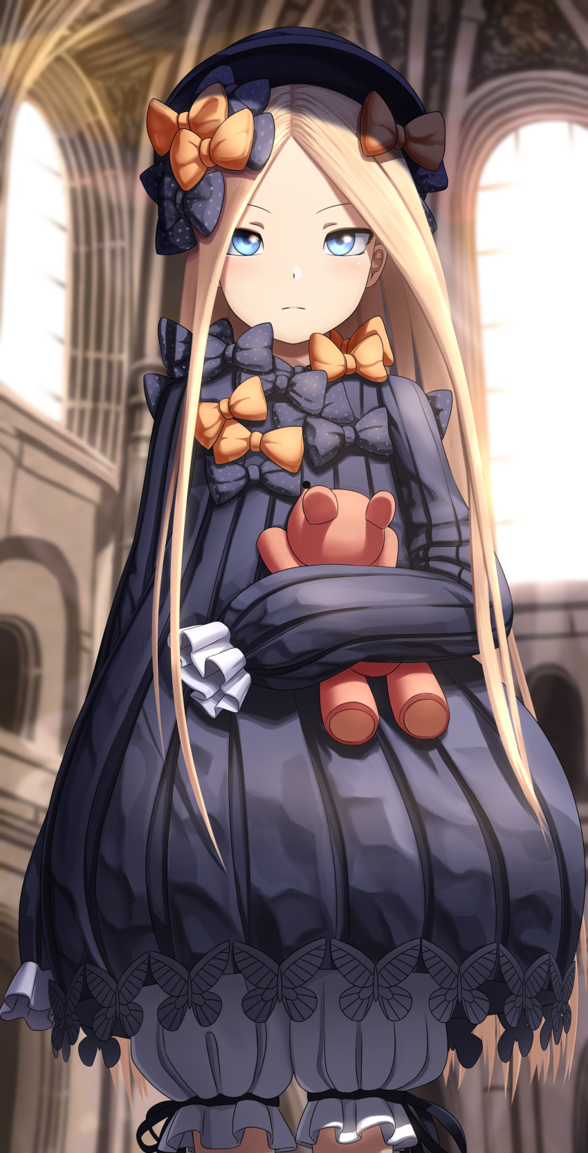 1girl abigail_williams_(fate/grand_order) absurdres bangs black_bow black_dress black_hat blonde_hair bloomers blue_eyes blurry blurry_background blush bow bug butterfly closed_mouth commentary_request cowboy_shot day depth_of_field dress fate/grand_order fate_(series) forehead hair_bow hat highres indoors insect light_frown long_hair long_sleeves object_hug orange_bow parted_bangs polka_dot polka_dot_bow sanbe_futoshi sleeves_past_fingers sleeves_past_wrists solo stuffed_animal stuffed_toy sunlight teddy_bear underwear very_long_hair white_bloomers window