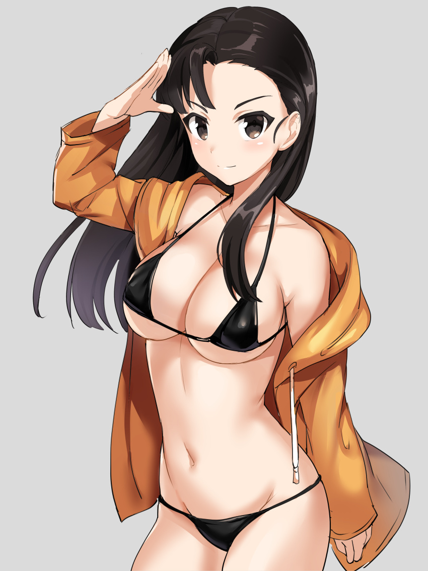 1girl absurdres asymmetrical_bangs bangs bikini black_bikini black_eyes black_hair cowboy_shot curcumin girls_und_panzer grey_background highres long_hair micro_bikini nishi_kinuyo off_shoulder salute simple_background solo string_bikini swimsuit