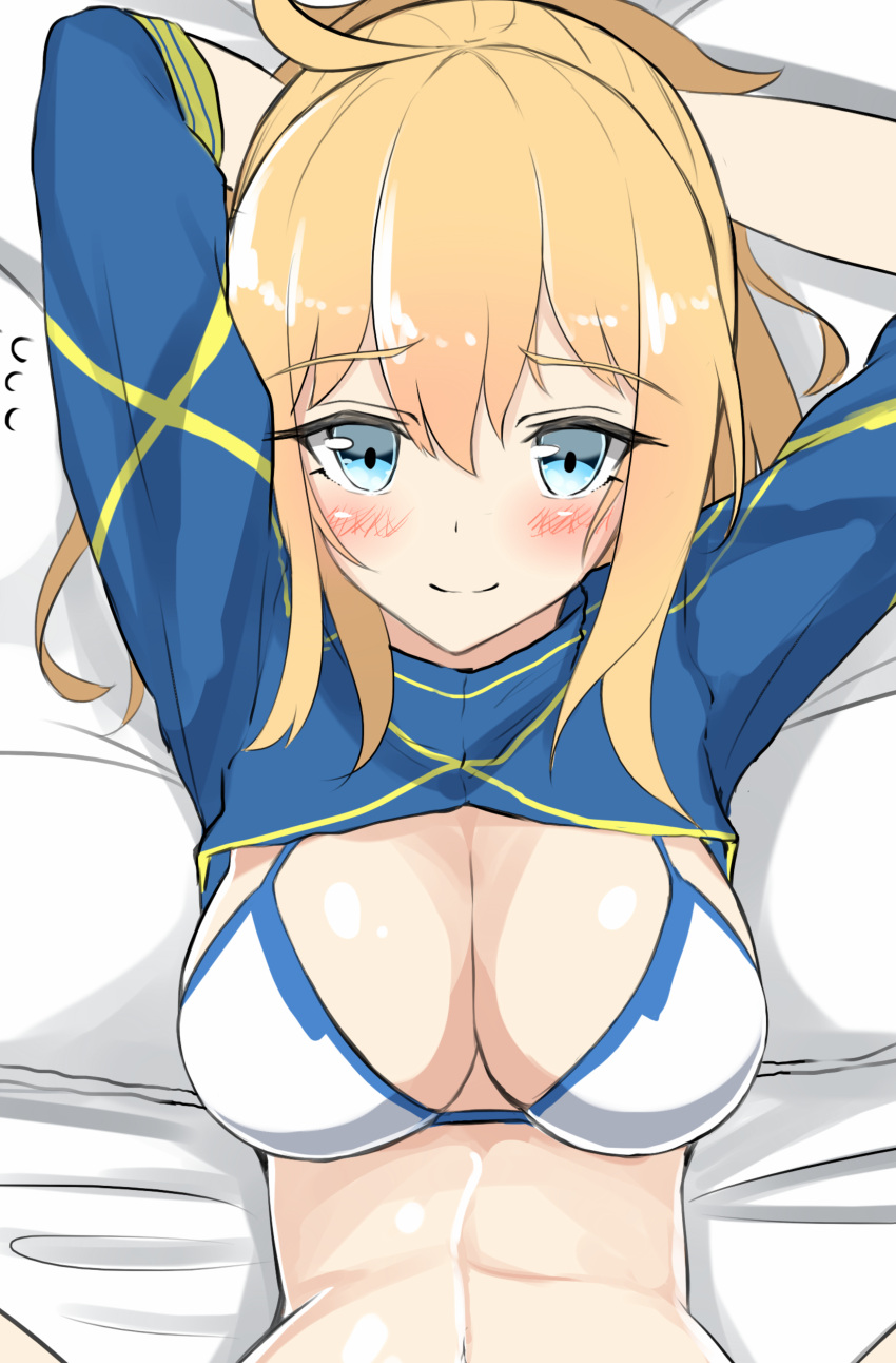 1girl absurdres arms_behind_head arms_up artoria_pendragon_(all) bangs bed_sheet bikini blonde_hair blue_eyes blue_jacket blush breasts cleavage closed_mouth cropped_jacket eyebrows_visible_through_hair fate/grand_order fate_(series) flying_sweatdrops hair_between_eyes highres jacket large_breasts long_hair looking_at_viewer lying moyoron mysterious_heroine_xx_(foreigner) navel on_back short_sleeves sidelocks smile solo spread_legs swimsuit upper_body white_bikini