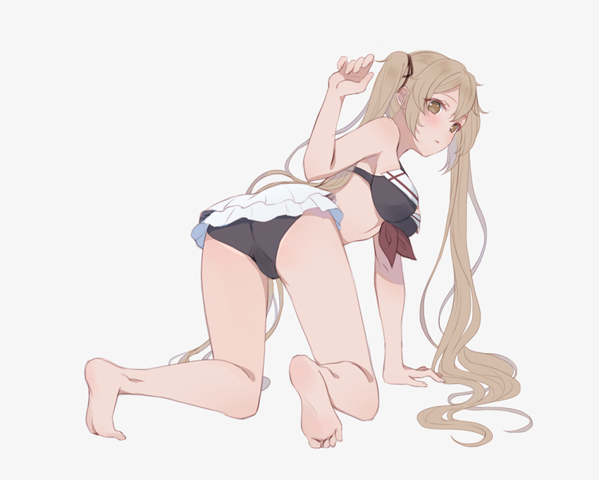 1girl adapted_costume all_fours ass bangs barefoot bikini blonde_hair blush breasts brown_eyes commentary_request emia_wang frilled_bikini frills from_behind full_body grey_background hair_ribbon hand_up kantai_collection long_hair looking_at_viewer looking_back medium_breasts murasame_(kantai_collection) parted_lips ribbon simple_background solo swimsuit tan tanline twintails very_long_hair white_background