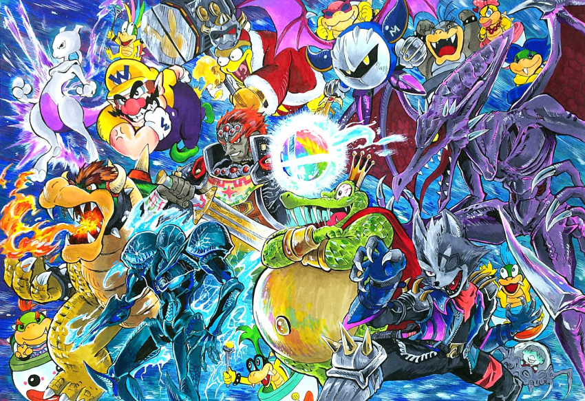 bowser bowser_jr. crown dark_samus dark_skin ganondorf gen_1_pokemon highres iggy_koopa king_dedede king_k._rool larry_koopa lemmy_koopa ludwig_von_koopa meta_knight mewtwo morton_koopa_jr. nintendo porky_minch redhead ridley roy_koopa super_smash_bros. super_smash_bros_ultimate sword wario weapon wendy_o._koopa wings wolf_o'donnell