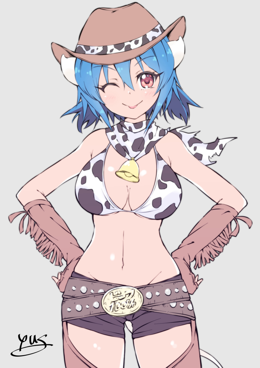 absurdres animal_print bell bell_collar belt breasts chaps cleavage closed_mouth collar cow_bell cow_girl cow_horns cow_print cow_tail cowboy_hat eyebrows_visible_through_hair gloves hair_between_eyes hat highres horns jashin-chan_dropkick looking_at_viewer midriff minos_(jashin-chan_dropkick) one_eye_closed red_eyes shirt short_shorts shorts simple_background smile solo tail yyuki317