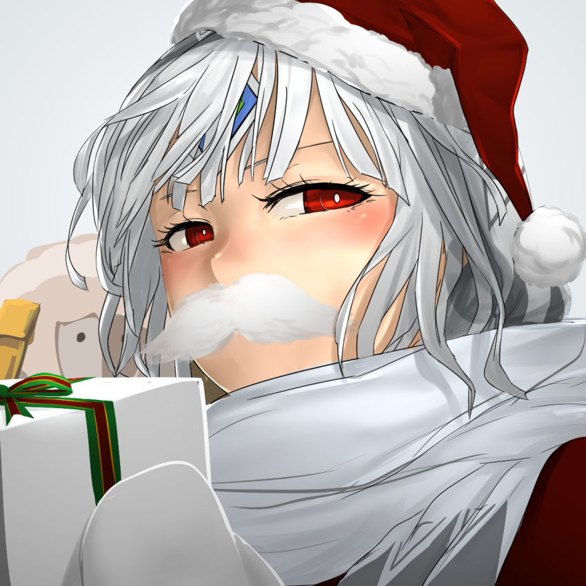 1girl altera_(fate) alternate_costume bangs blunt_bangs blush closed_mouth dark_skin fake_facial_hair fake_mustache fate/extella fate/extra fate/grand_order fate_(series) gift gloves hat highres holding holding_gift i-pan looking_at_viewer red_eyes santa_hat scarf sheep short_hair simple_background smile solo tan white_gloves white_hair